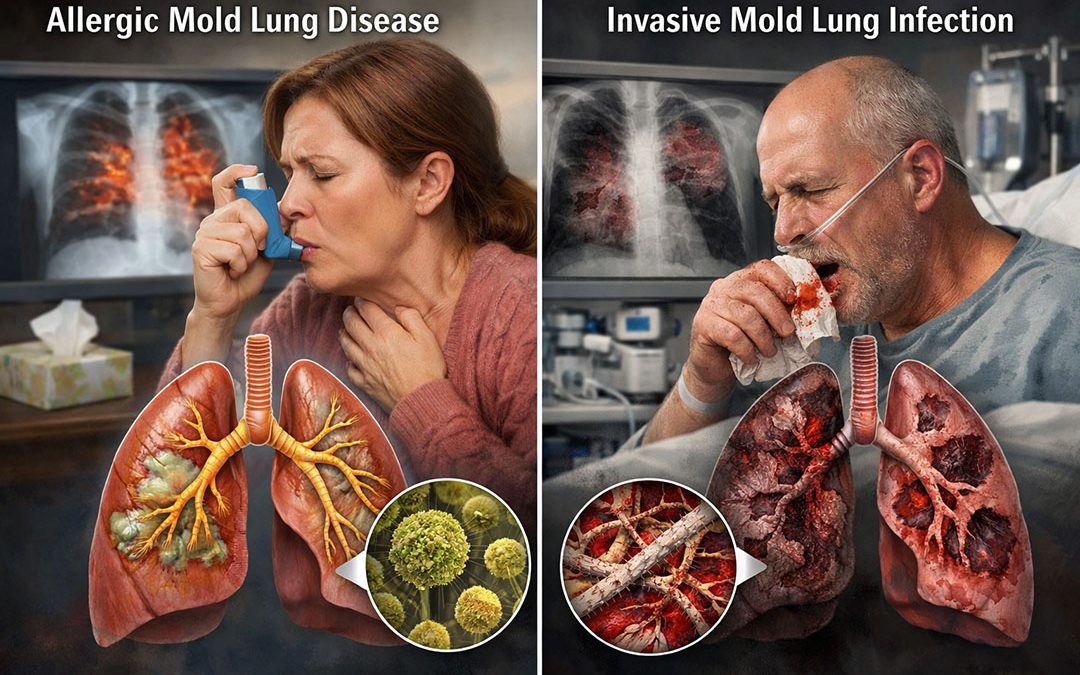 How do symptoms differ between allergic and invasive mold lung infections?